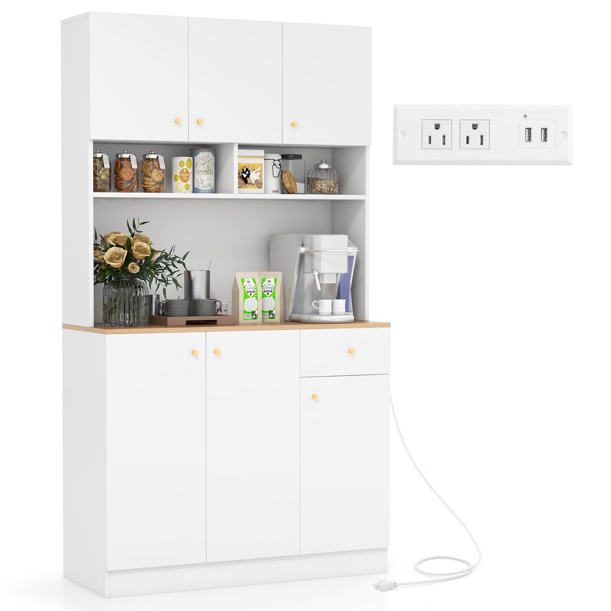 LOKO 71” Tall Kitchen Hutch Storage Cabinet, Freestanding Buffet Cupboard with Outlets & USB Ports, 3-Position Adjustable Shelves, Modern Pantry Cabinet with Microwave Stand for Dining Room, White LOKO