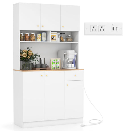 LOKO 71” Tall Kitchen Hutch Storage Cabinet, Freestanding Buffet Cupboard with Outlets & USB Ports, 3-Position Adjustable Shelves, Modern Pantry Cabinet with Microwave Stand for Dining Room, White LOKO