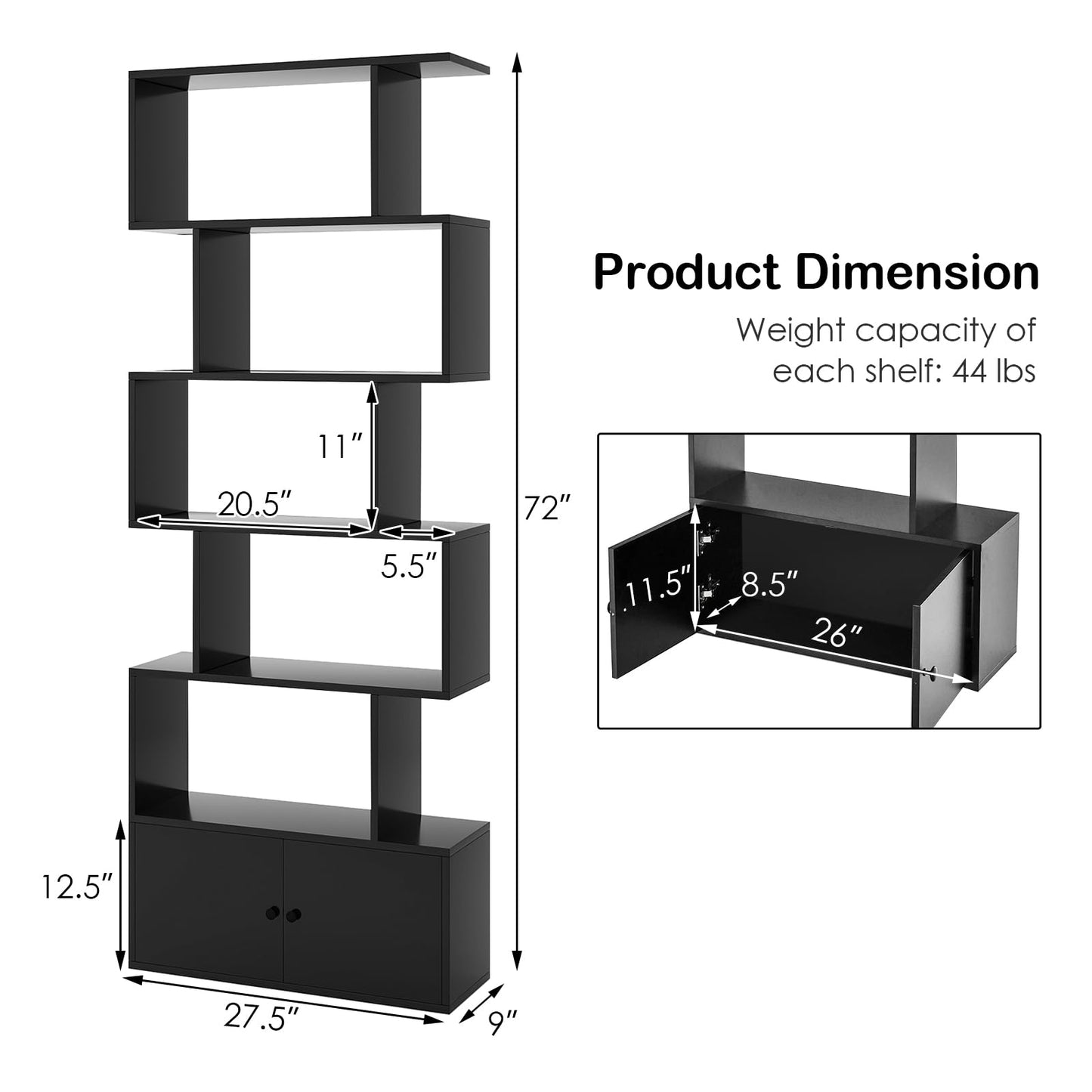 Tangkula Geometric S-Shaped Bookshelf with Cabinet - 6-Tier Freestanding Bookcase in Black for Home & Office - WoodArtSupply