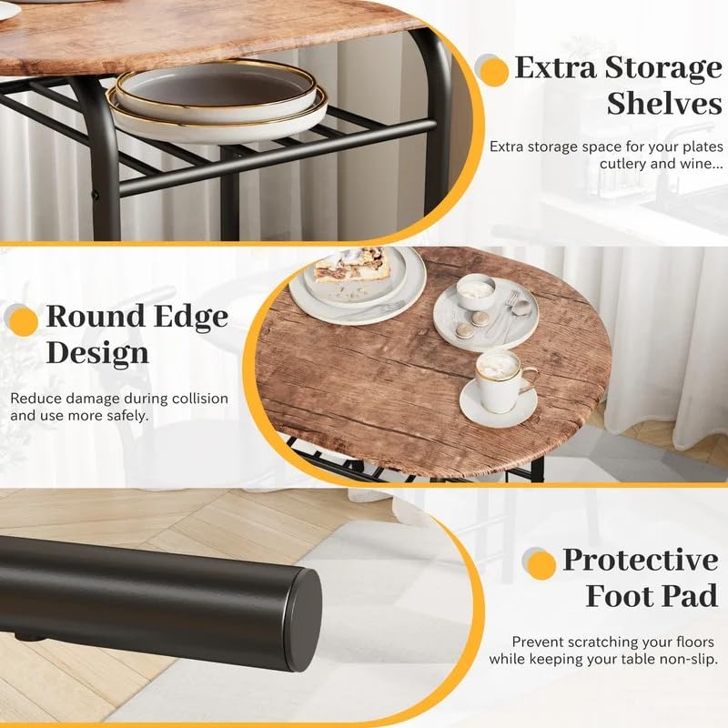 Shahoo 3-Piece Wooden Dining Table Set, Kitchen Breakfast Nook Sets with 2 Chairs & Round Tabletop, Space Saving Furniture Metal Frame and Built-in Wine Rack, Brown Shahoo