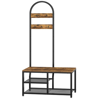 YATINEY Coat Rack, Hall Tree with Entryway Bench, 3-in-1 Hall Tree with Bench, Shoe Storage and Hooks, Entryway Bench with Coat Rack Stand, for Entrance, Hallway, Rustic Brown and Black MT04BR