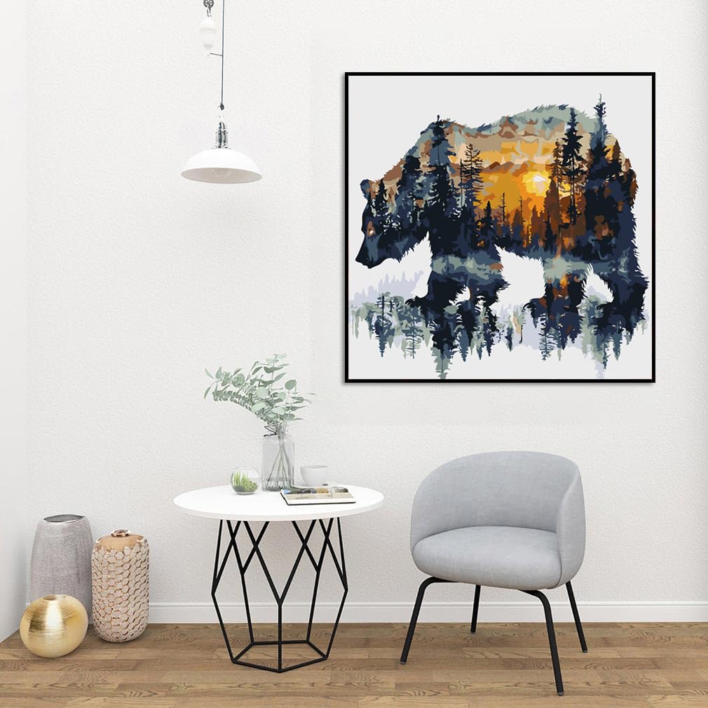 Paint by Numbers for Adults Forest Bear Paint by Numbers Kits for Beginner, DIY Acrylic Paint by Number on Canvas Easy Animal Paint by Numbers for Adults Home Wall Decor 16X16 Inch Without Frame Meothan
