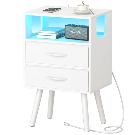 Yoobure LED Night Stand with Charger Station, Mid Century Modern Nightstand with Fabric Drawers, Bedside Table Nightstands with Storage Shelf, Bed Side Table Small Night Stands for Bedroom Living Room Yoobure