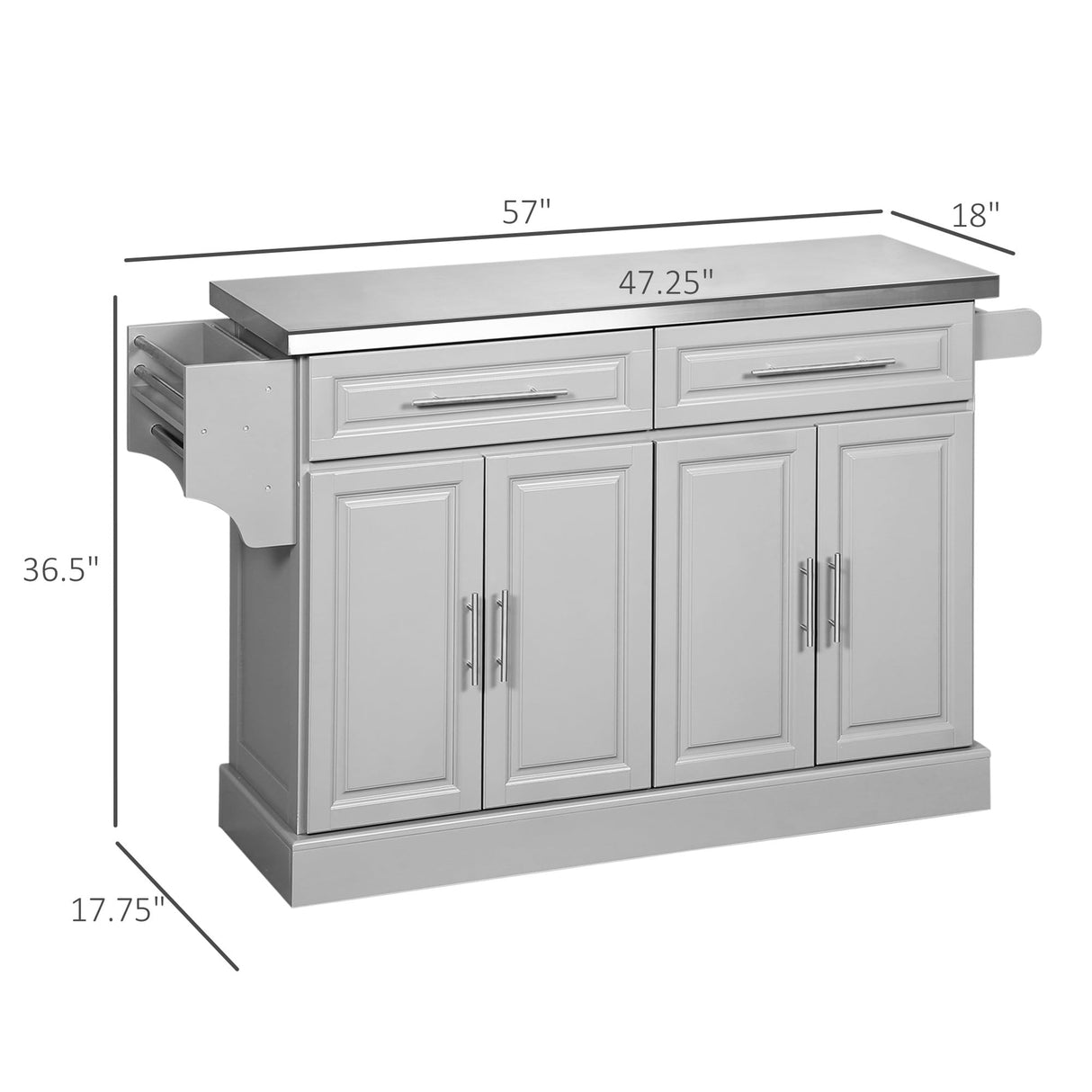 HOMCOM Rolling Island with Wheels for Kitchen, Portable Kitchen Island with Stainless Steel Top, Adjustable Shelves, 2 Drawers, Spice, Knife and Towel Rack, Gray HOMCOM
