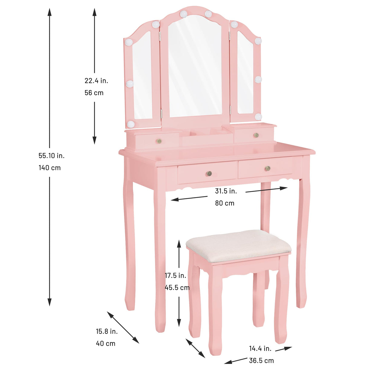 LilyFantasy Vanity Table, Makeup Vanity Table with Lighted Mirror, Vanity Set with Padded Stool, Tri-Fold Bedroom Vanity, 4 Drawers, 2 Open Compartments, Pink Finish LilyFantasy