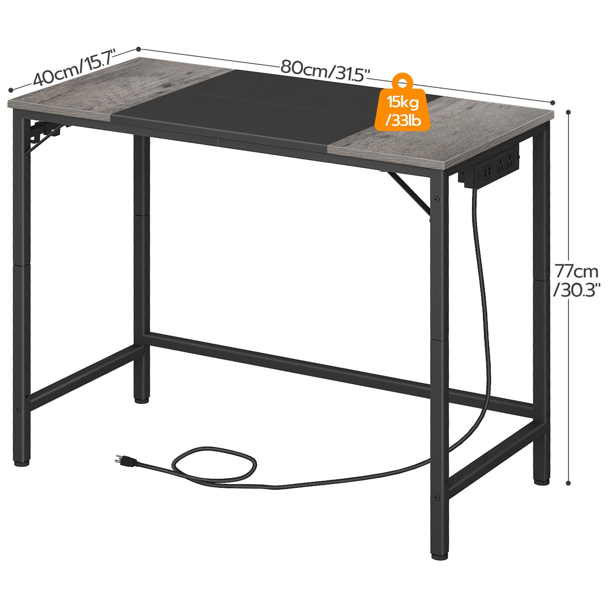 HOOBRO Computer Desk, Home Office Desk with Power Outlet, Modern Study Writing Desk with 3 Hooks for Study Room, Home Office, Sturdy and Stable, Easy to Assemble, Charcoal Gray and Black BC40UDN01 HOOBRO