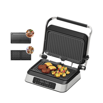 Panini Grill Press Sandwich Maker – Smokeless Indoor Grill with 2 Removable Ceramic Non-Stick Plates, 6 Cooking Functions, 1600W, 180° Reversible Grill Plate (Black)