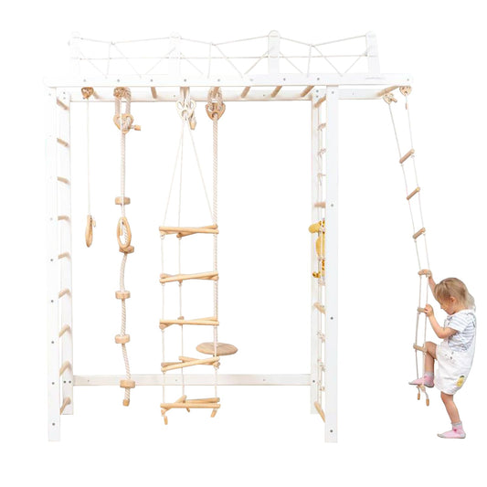 Woodandhearts Large Swedish Ladder Bundle: Playmat, Monkey Bars, Indoor Swing, Gymnastics Ladder, Montessori Climbing Wall Net, Baby Gym (Triangle Symmetrical Rope Ladder)