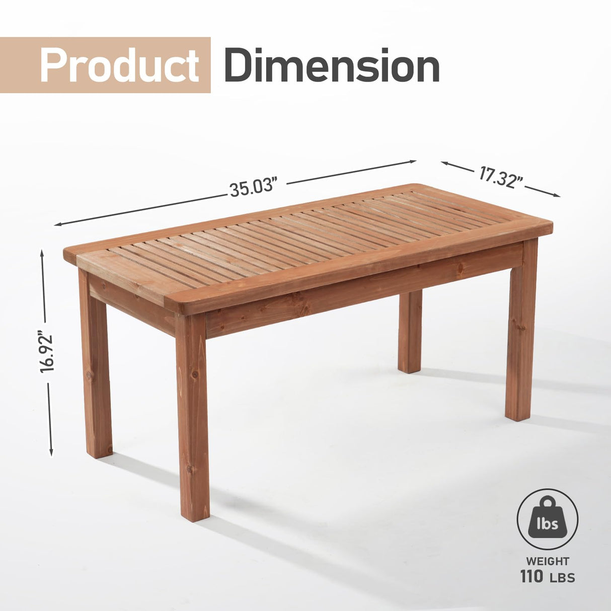 VINGLI Outdoor Wood Coffee Table, 35" Farmhouse Side Table for Patio, Solid Cedar Wood Accent Table with Slatted Tabletop, Weather-Resistant End Table for Garden, Poolside, Lawn, Living Room (Brown) VINGLI