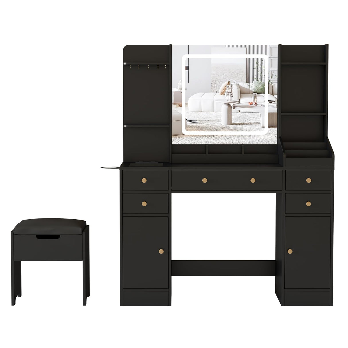 Vabches Vanity Desk with Lights, Makeup Vanity Table with Charging Station, 44.9in Big Vanity Set with 5 Drawers & Lots Storage Space, Black Vabches