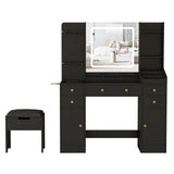 Vabches Vanity Desk with Lights, Makeup Vanity Table with Charging Station, 44.9in Big Vanity Set with 5 Drawers & Lots Storage Space, Black Vabches