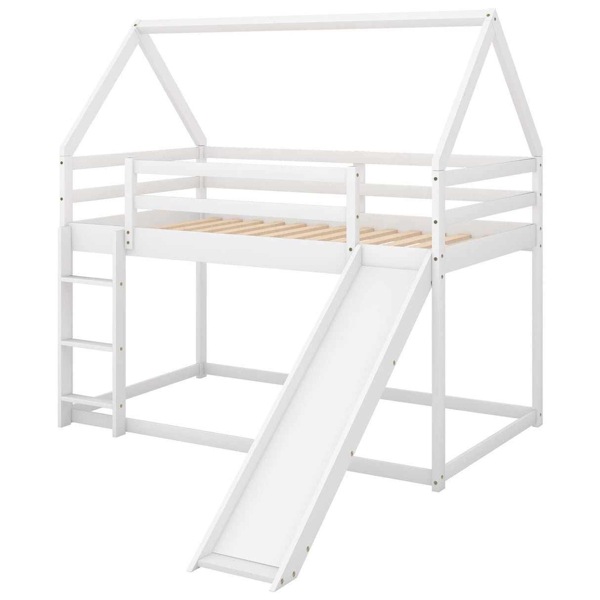 Harper & Bright Designs Twin Over Twin Low Bunk Bed with Slide, Solid Wood House Bunk Bed for Kids Girls Boys (White) Harper & Bright Designs