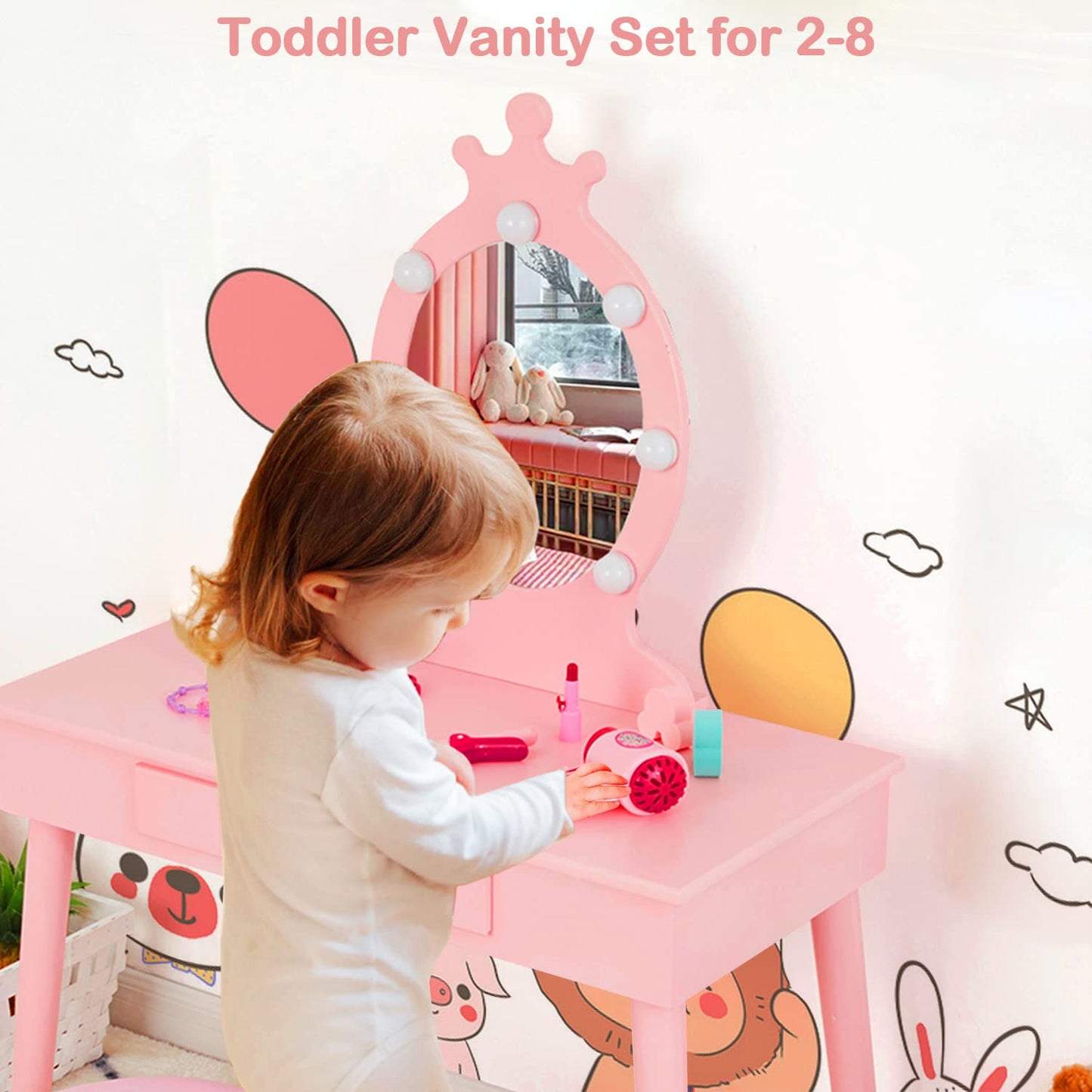 Vabches Kids Makeup Vanity with Lights and Mirror,Little Girl Vanity Table and Chair Set,Cute and Sturdy,Pink