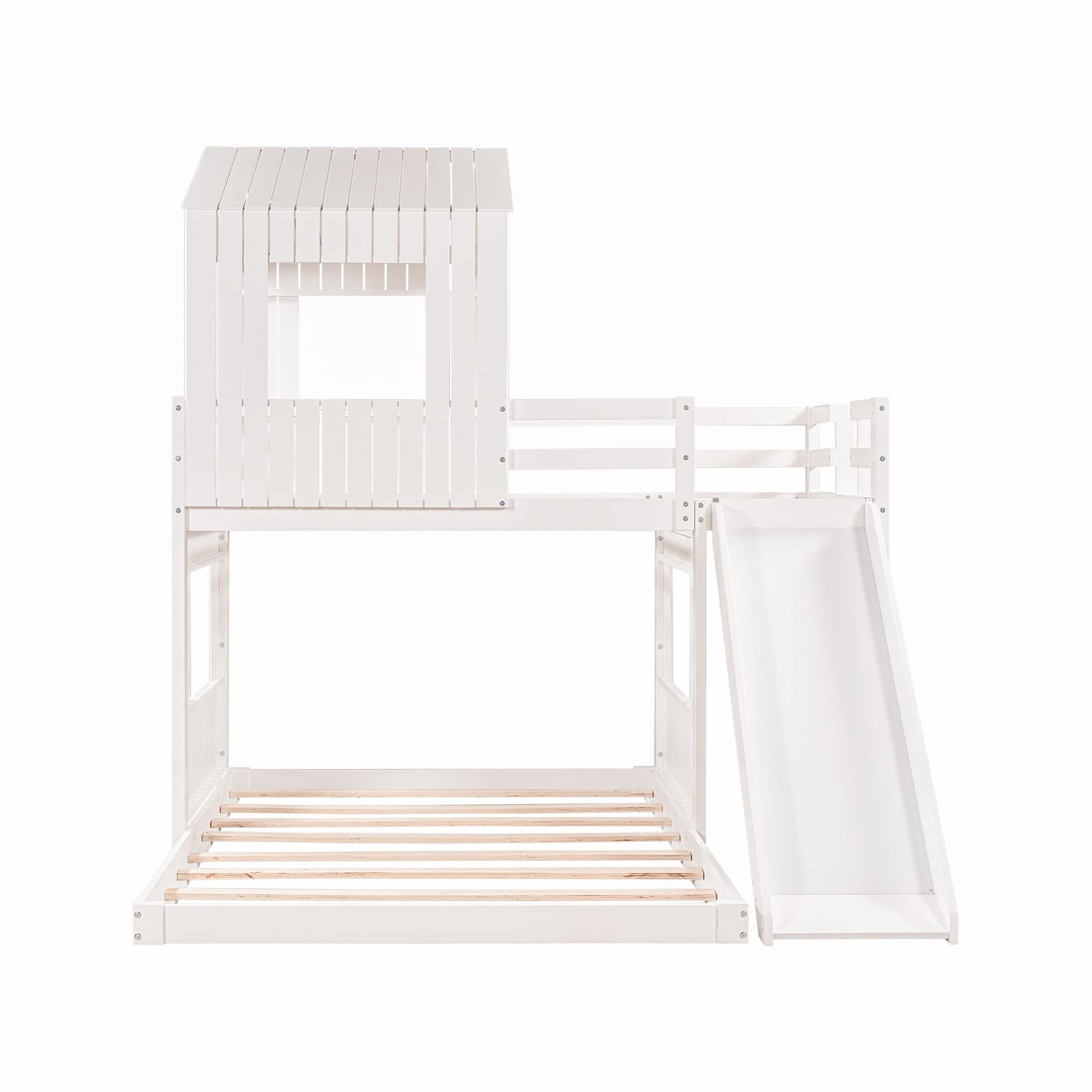 Merax White Twin over Full Bunk Bed with Slide, Safety Guardrails and House Design for Kids - WoodArtSupply