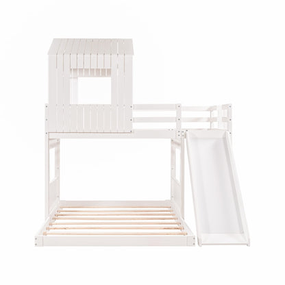 Merax White Twin over Full Bunk Bed with Slide, Safety Guardrails and House Design for Kids - WoodArtSupply