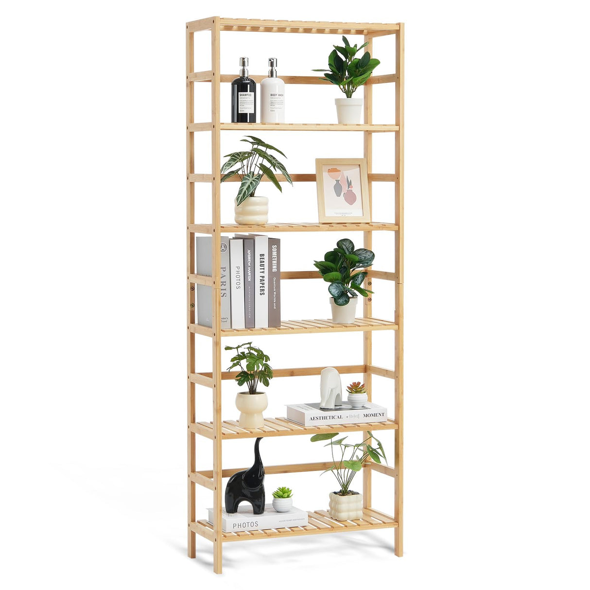 VEVOR 6-Tier Bamboo Shelf, Open Wood Bookshelf, Display Storage Rack Organizer, Freestanding Flower Plant Stand, Multifunctional Bamboo Bookshelf Ideal for Bathroom, Bedroom, Office, Study, Natural VEVOR