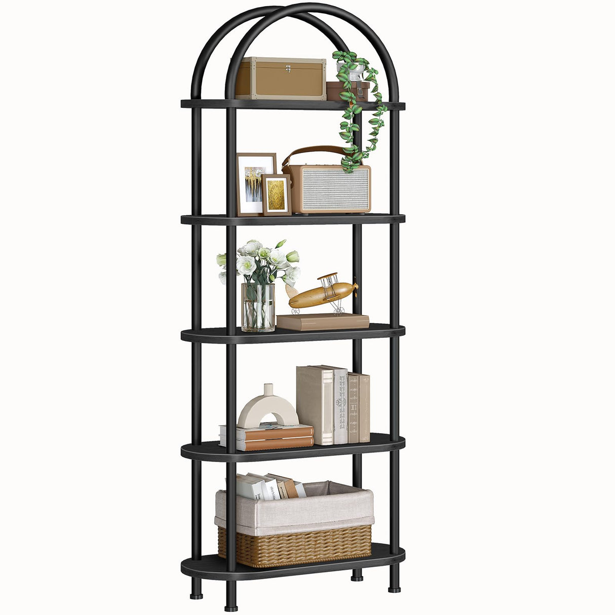 HOOBRO 5 Tier Open Bookshelf, Industrial Arched Bookcase Display Shelf Racks, Wooden Bookcase Storage Shelves Metal Frame, Tall Storage Organizer for Home, Easy Assembly, Black BB176SJ01 HOOBRO