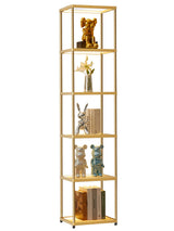 MANBUR Display Shelf with Dimmable LED Floor Lamp, Display Cabinet with Glass Bookcase, Home Decor, Bedroom Decor, Bookshelf with Light, Open Book Shelf with 6-Tier Shelf for Living Room Decor Gold MANBUR