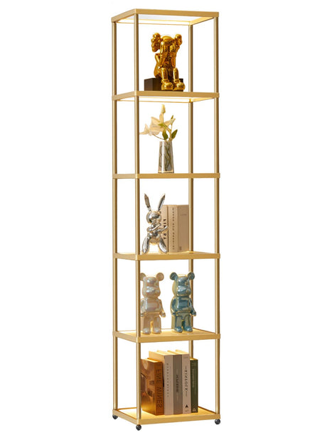 MANBUR Display Shelf with Dimmable LED Floor Lamp, Display Cabinet with Glass Bookcase, Home Decor, Bedroom Decor, Bookshelf with Light, Open Book Shelf with 6-Tier Shelf for Living Room Decor Gold MANBUR