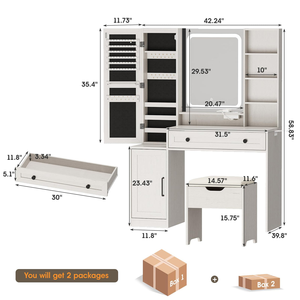 Makeup Vanity Desk with Mirror and Lights, White Vanity with Jewelry Storage Cabinet, Vanity Table Set with Chair and Large Drawer, Cabinets and Multi-Shelf, Charging Station, 3 Color Lighting Maupvit