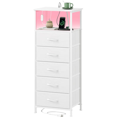 Somdot White Nightstand with Charging Station and LED Light for Bedroom, Tall 5 Drawers Dresser with Fabric Bins for Bedside Kids Dorm Room Closet Laundry Entryway, White Leather