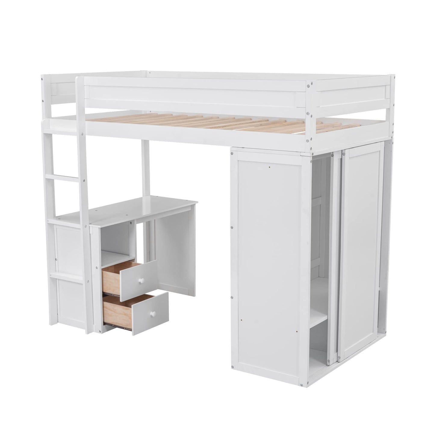 Stylish Twin Size Loft Bed with Desk & Wardrobe by Harper & Bright Designs in White - WoodArtSupply