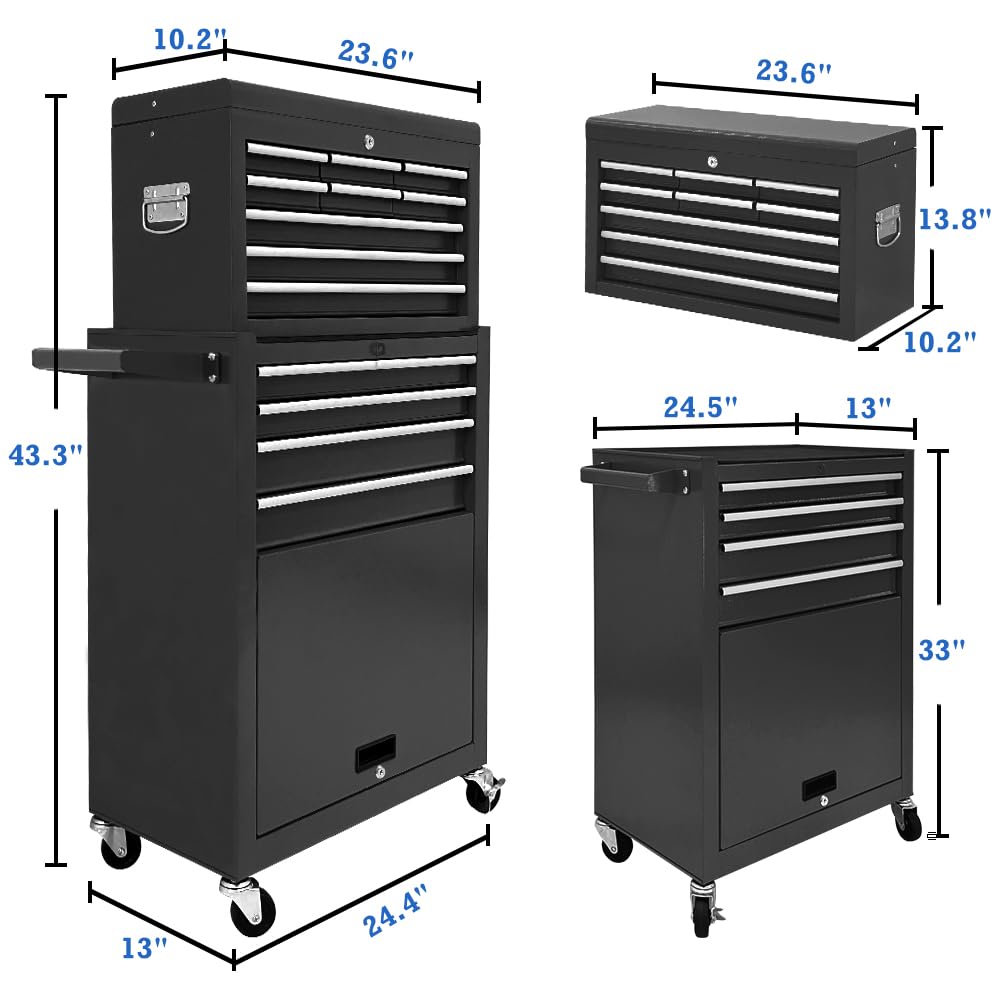 Kirmosal 13 Drawer Tool Chest,Toolbox with Wheels, Rolling Tool Cabinets with Drawers, Top Detachable Tool Chest with Hooks Handles for Workshop Mechanical Garage - Black Kirmosal