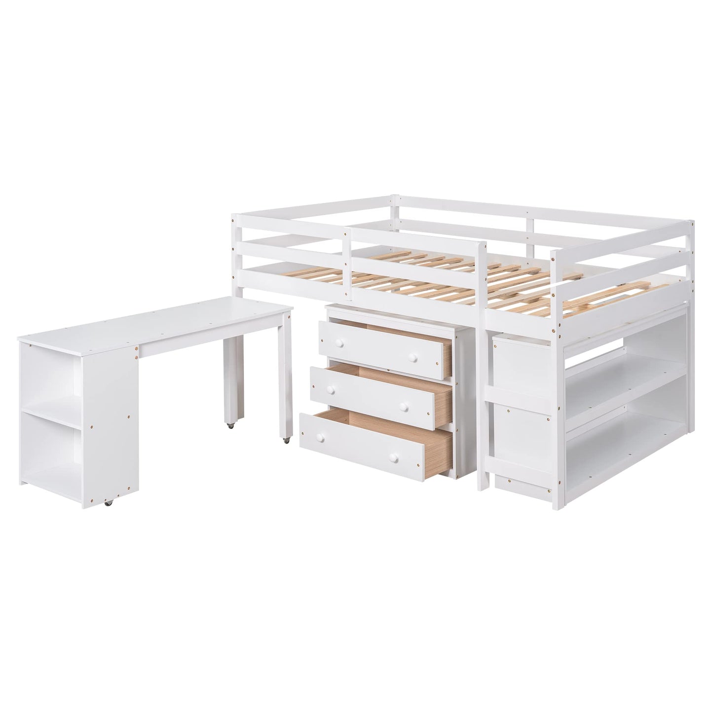 Merax Pure White Twin Low Loft Bed with Integrated Desk, Storage Cabinet & Bookshelf - WoodArtSupply