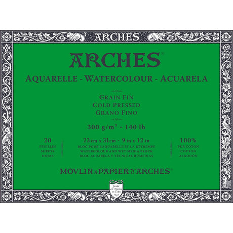 Arches Aquarelle Watercolor Block, Cold Pressed, 140lb/300gsm, 20 Sheet, 9x12 inch, Watercolor Paper 100% Cotton Arches