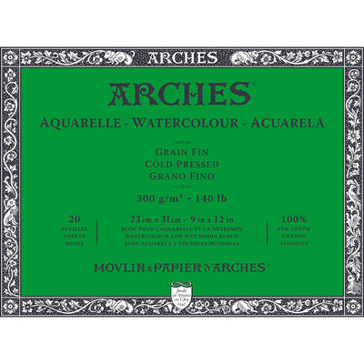 Arches Aquarelle Watercolor Block, Cold Pressed, 140lb/300gsm, 20 Sheet, 9x12 inch, Watercolor Paper 100% Cotton