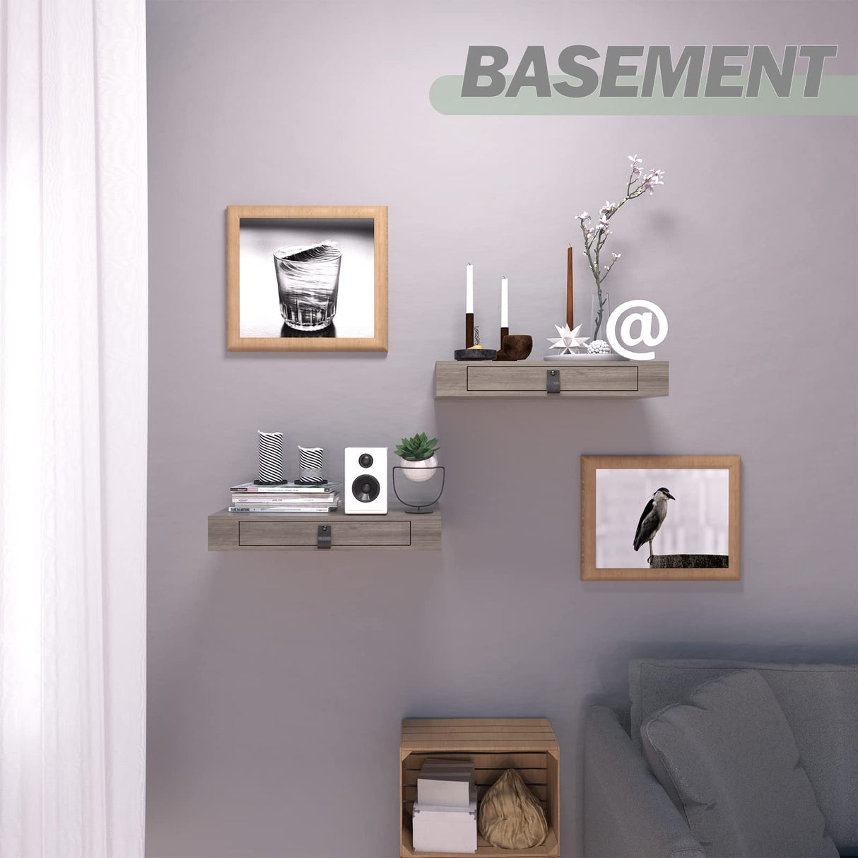 Floating Shelf with Drawer, Floating Nightstand for Bedroom - 16” Wall Shelf, White Floating Shelf with Storage, Floating Shelf for Office Bathroom Kitchen Floating Bedside Table (Light Grey) Bloddream