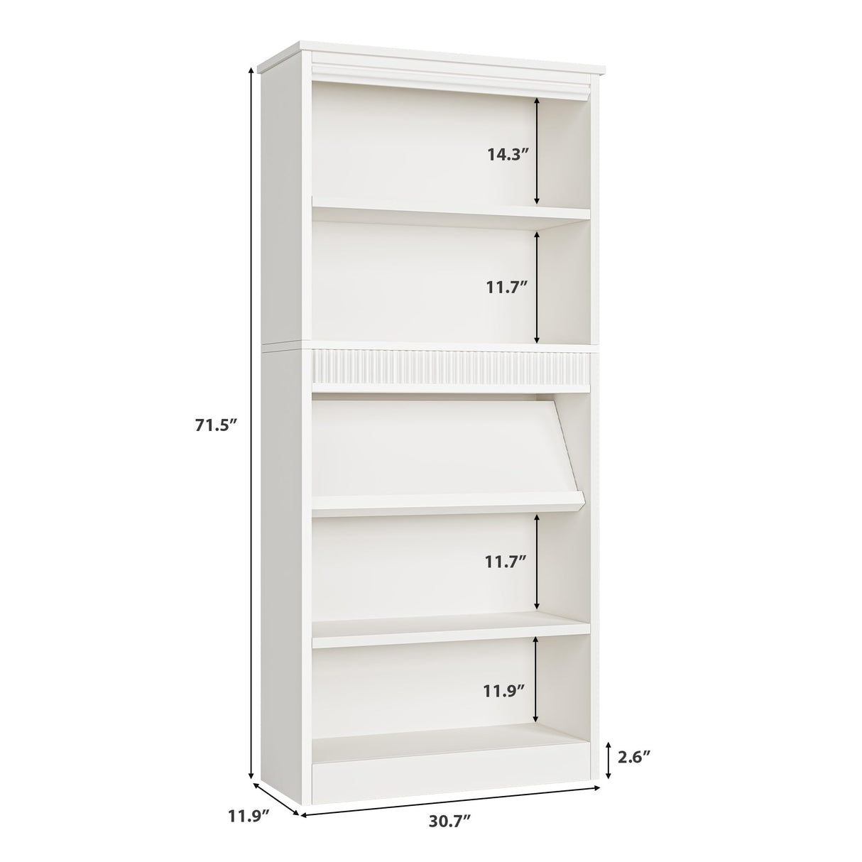 GarveeHome 71 in Farmhouse Bookcase w/Display Rack & Fluted Design, 5 Tier Tall Bookshelf with Wooden Base, Wood Bookshelf Vintage Book Shelf for Office Library (White, 71.5" H x 30.7" W x 11.9" D) GarveeHome