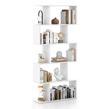 Tangkula 5-Tier Geometric Bookshelf, S Shaped Bookcase w/Anti-Toppling Device, Freestanding Room Divider, Industrial Home Office Decor Wood Open Storage Display Shelf for Living Room (1, White) Tangkula