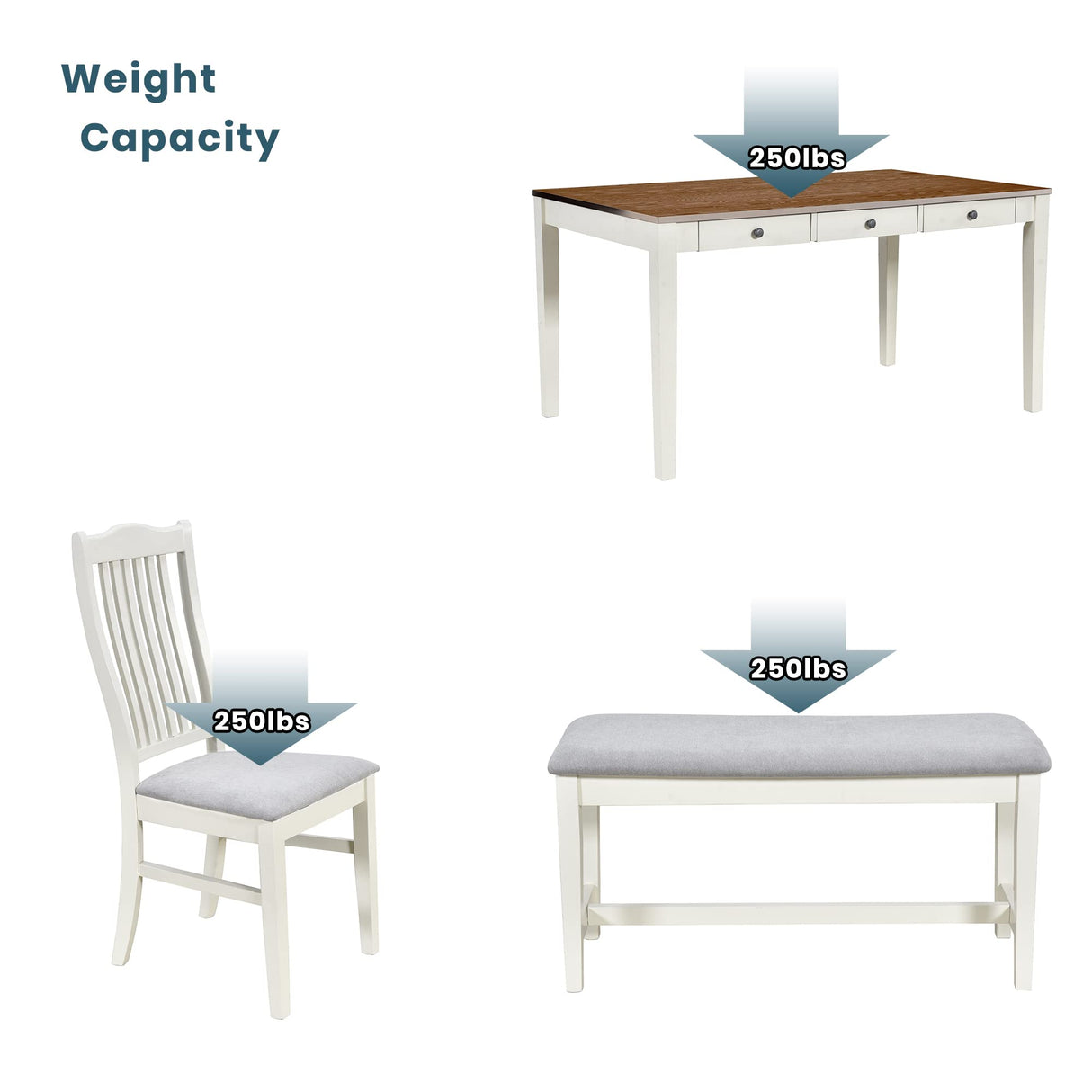 Harper & Bright Designs 6 Piece Wooden Dining Table Set with 4 Upholstered Dining Chair and Bench, Kitchen Table Set with Drawer, Family Dining Furniture for 6 People (Butter Milk) Harper & Bright Designs