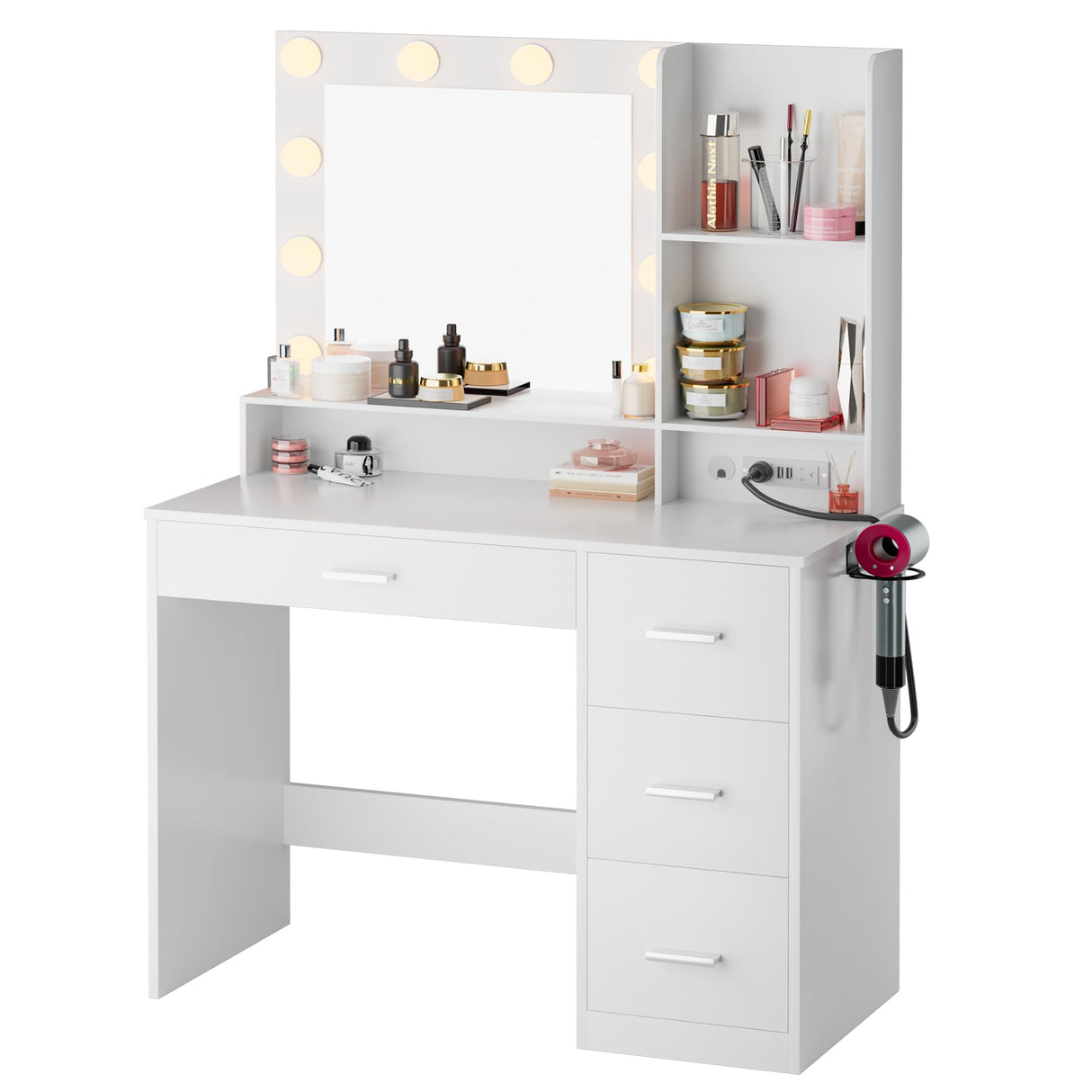 JUMMICO 39.3'' Vanity Desk with LED Lighted Mirror &Power Outlet, Makeup Vanity Table with 4 Large Drawers and 3 Storage Shelves, 3 Model Adjustable Lights for Bedroom & Dressing Room (White) JUMMICO