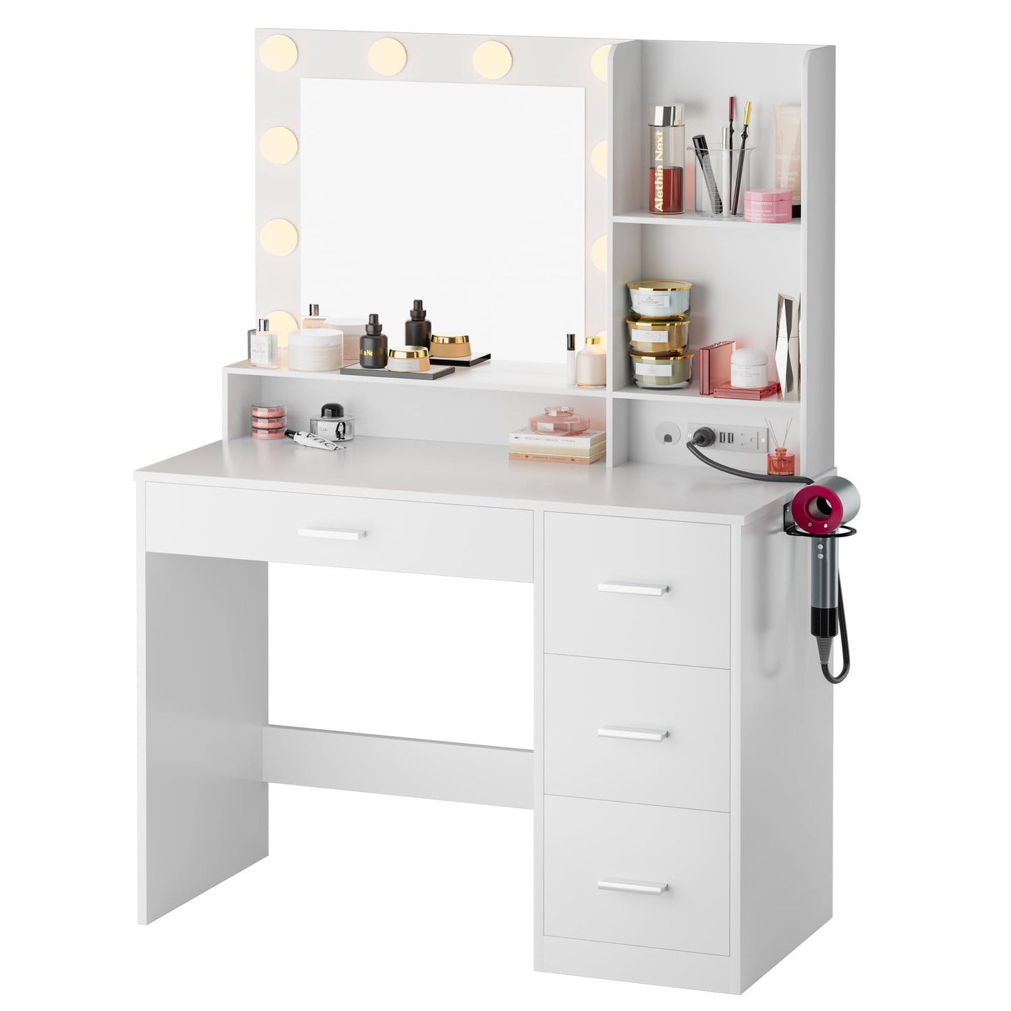 JUMMICO 39.3'' Vanity Desk with LED Lighted Mirror &Power Outlet, Makeup Vanity Table with 4 Large Drawers and 3 Storage Shelves, 3 Model Adjustable Lights for Bedroom & Dressing Room (White) - WoodArtSupply