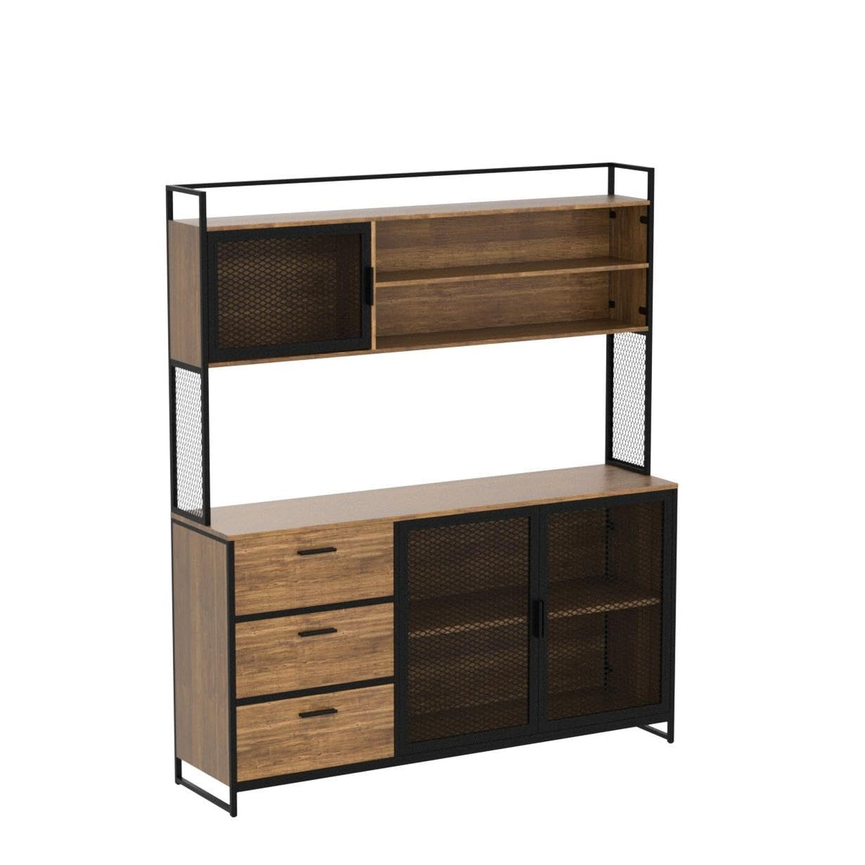 ECACAD Industrial-Style Brown Wood Sideboard Buffet with Hutch, Metal Mesh Doors, and Versatile Storage Solutions ECACAD