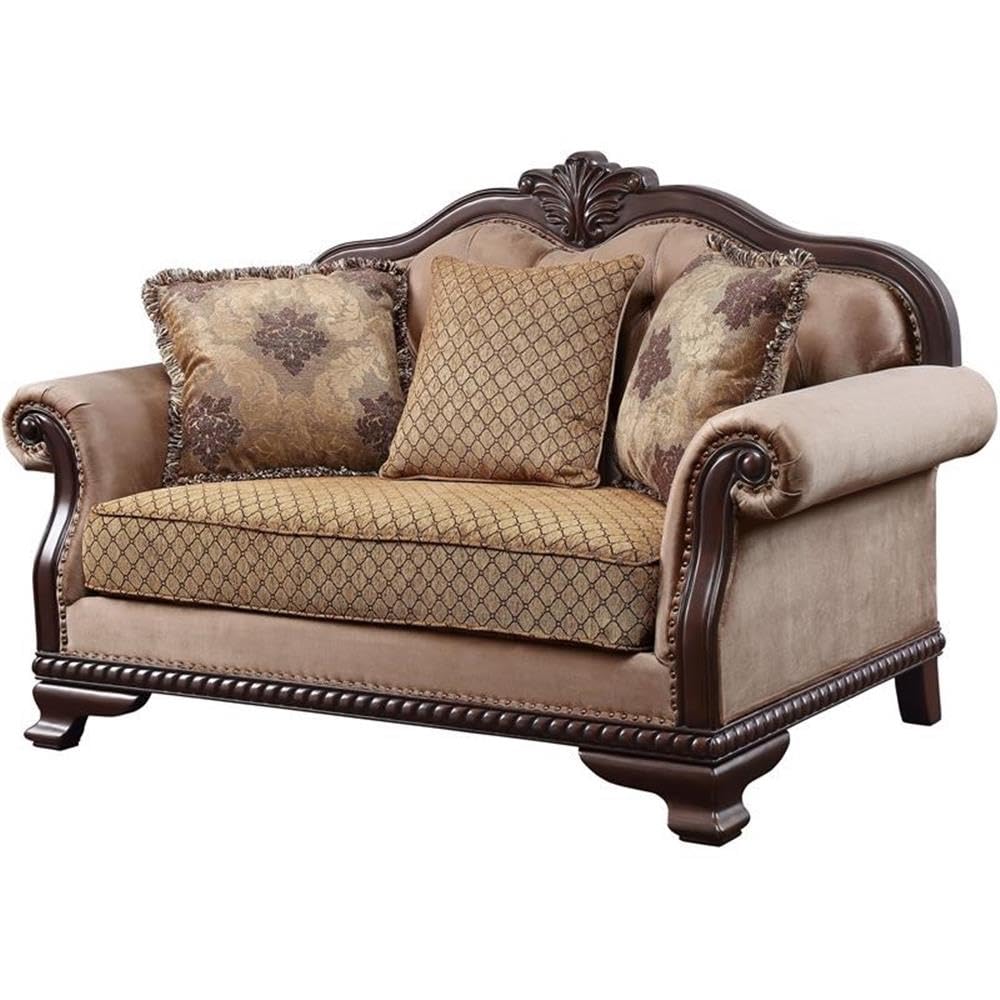 Acme Chateau De Ville Fabric Loveseat with 3 Pillows in Beige and Espresso Acme