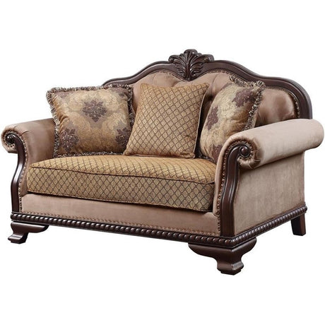 Acme Chateau De Ville Fabric Loveseat with 3 Pillows in Beige and Espresso Acme