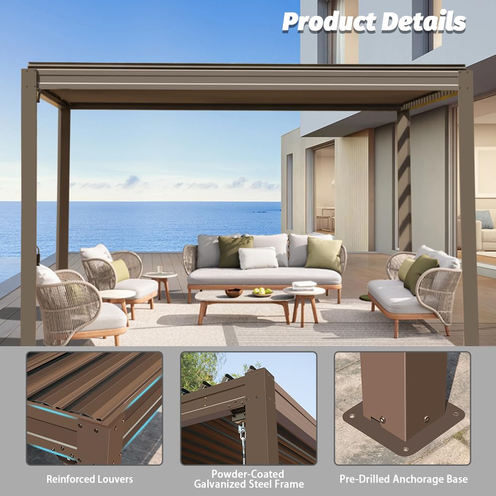 Domi Louvered Pergola 10' x 10' Outdoor Aluminum Pergola with Adjustable Roof, Aluminum Frame, Efficient Drainage System for Patio, Deck, Garden, Brown domi outdoor living