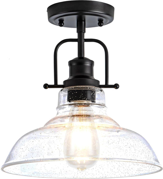 Zlepmlla Flush Mount Ceiling Light Fixture < Bulb NOT Included >, Black Metal Frame Ceiling Light Fixture with Seeded Glass, Farmhouse Light Fixture for Kitchen Island Entryway Porch Foyer