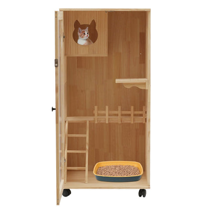 Wooden Cat House, Large Wooden Indoor Cat Enclosure Catio Cage with Ramp and Covered Cat House Kit, Enclosed Cat Condo w/Wheels for Cats Kittens - WoodArtSupply