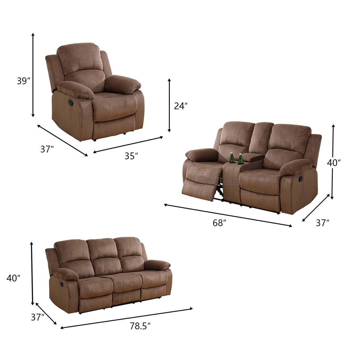 Dekmxas Fabric Recliner Sofa Set Manual Reclining Sofa Set Living Room Furniture Sets Modern Reclining Couch Set with Cup Holders/Storage Console/Drop Down Table for Home/Office (Chocolate, 3PCS Set) Dekmxas