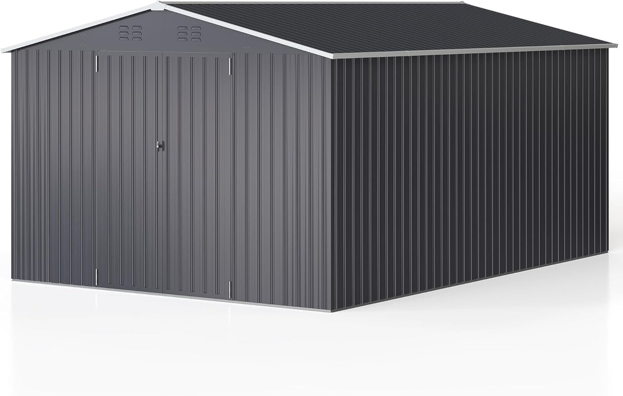 WKM 10x14 FT Outdoor Storage Shed, Utility Metal Tool Storage with Lockable Doors and Updated Frame Structure, Metal Garden Shed for Backyard, Patio Lawn, Black WKM