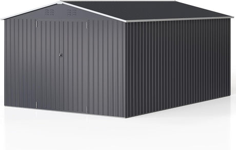 WKM 10x14 FT Outdoor Storage Shed, Utility Metal Tool Storage with Lockable Doors and Updated Frame Structure, Metal Garden Shed for Backyard, Patio Lawn, Black WKM