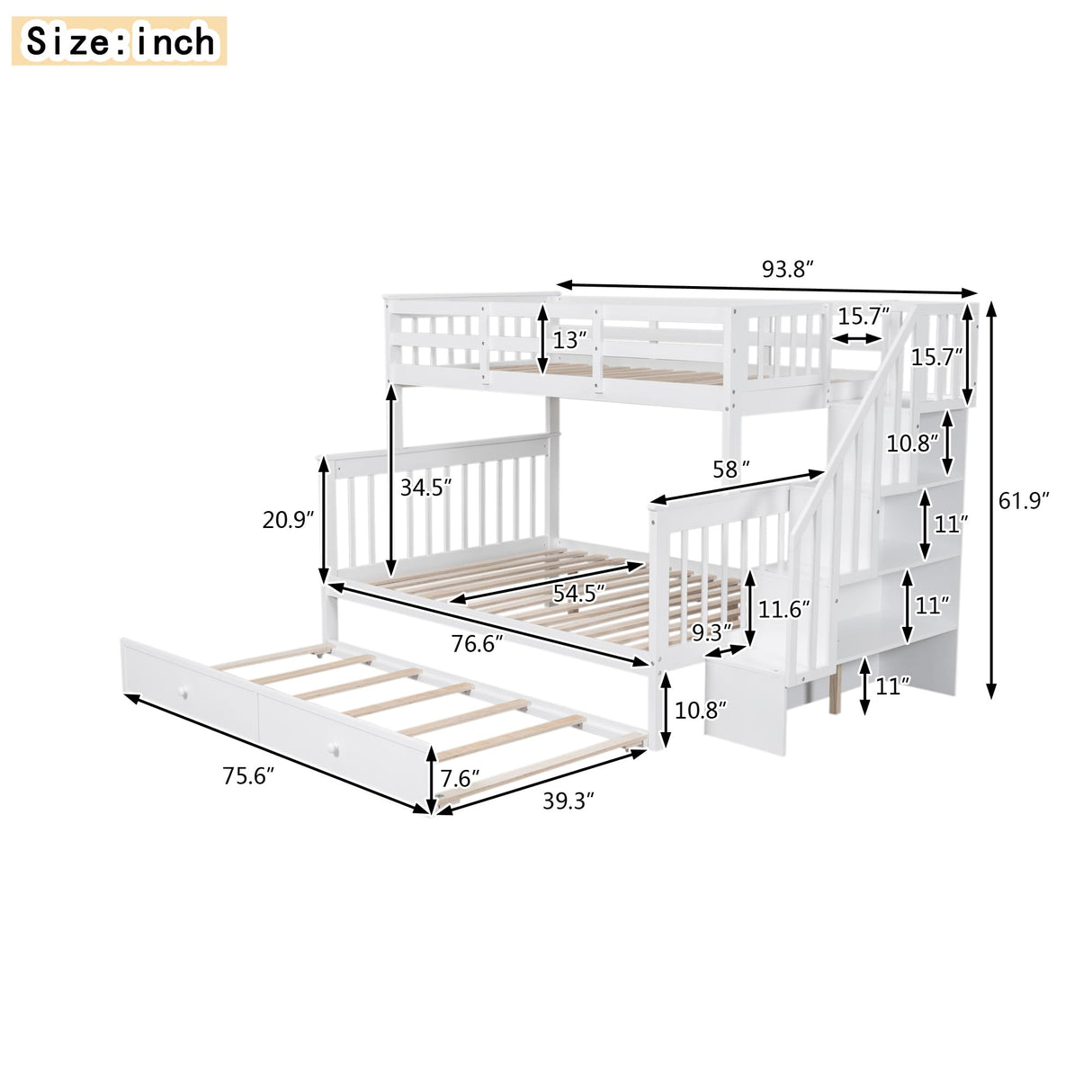 Harper & Bright Designs Twin Over Full Bunk Beds with Twin Size Trundle and Stairs, Wooden Bunk Bed with Storage & Guard Rail for Bedroom, Dorm, for Teens, Adults, White Harper & Bright Designs
