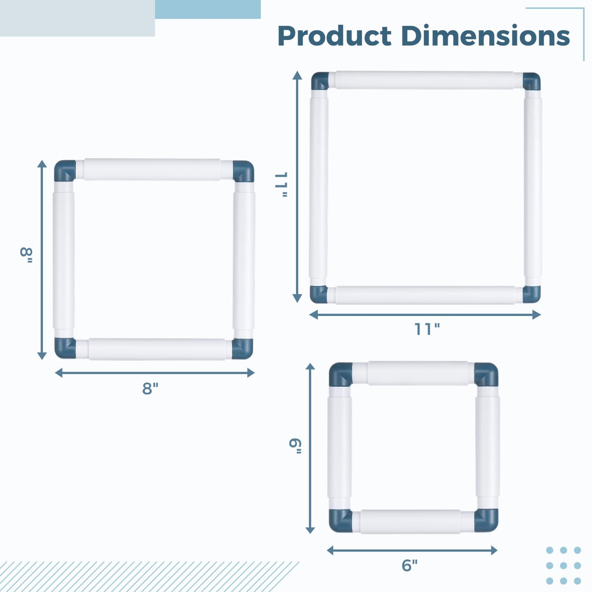 3PCS Square Embroidery Hoops, Plastic Cross Stitch Snap Frames, Square Clip Frames for Embroidery, DIY Sewing Tools for Cross Stitching Quilting (6" x 6", 8" x 8", 11" x 11") Joyibay