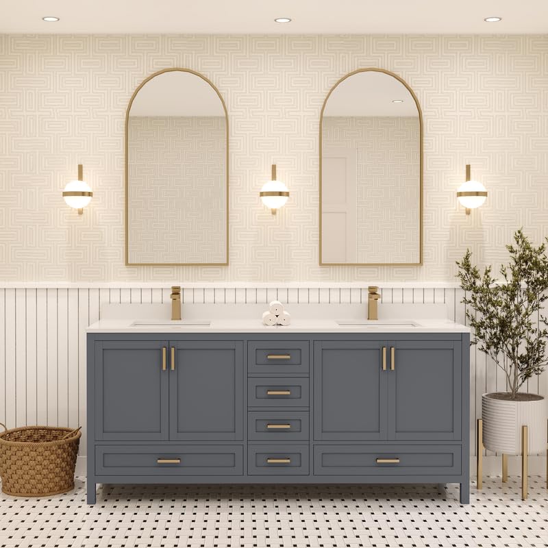 Ayna Decors Rooh 72 in Charcoal Grey Double Sink Bathroom Vanity Set with White Quartz Countertop | 4 Soft Closing Doors | 5 Full Extention Soft Close Drawers | Gold Hardware Ayna Decors