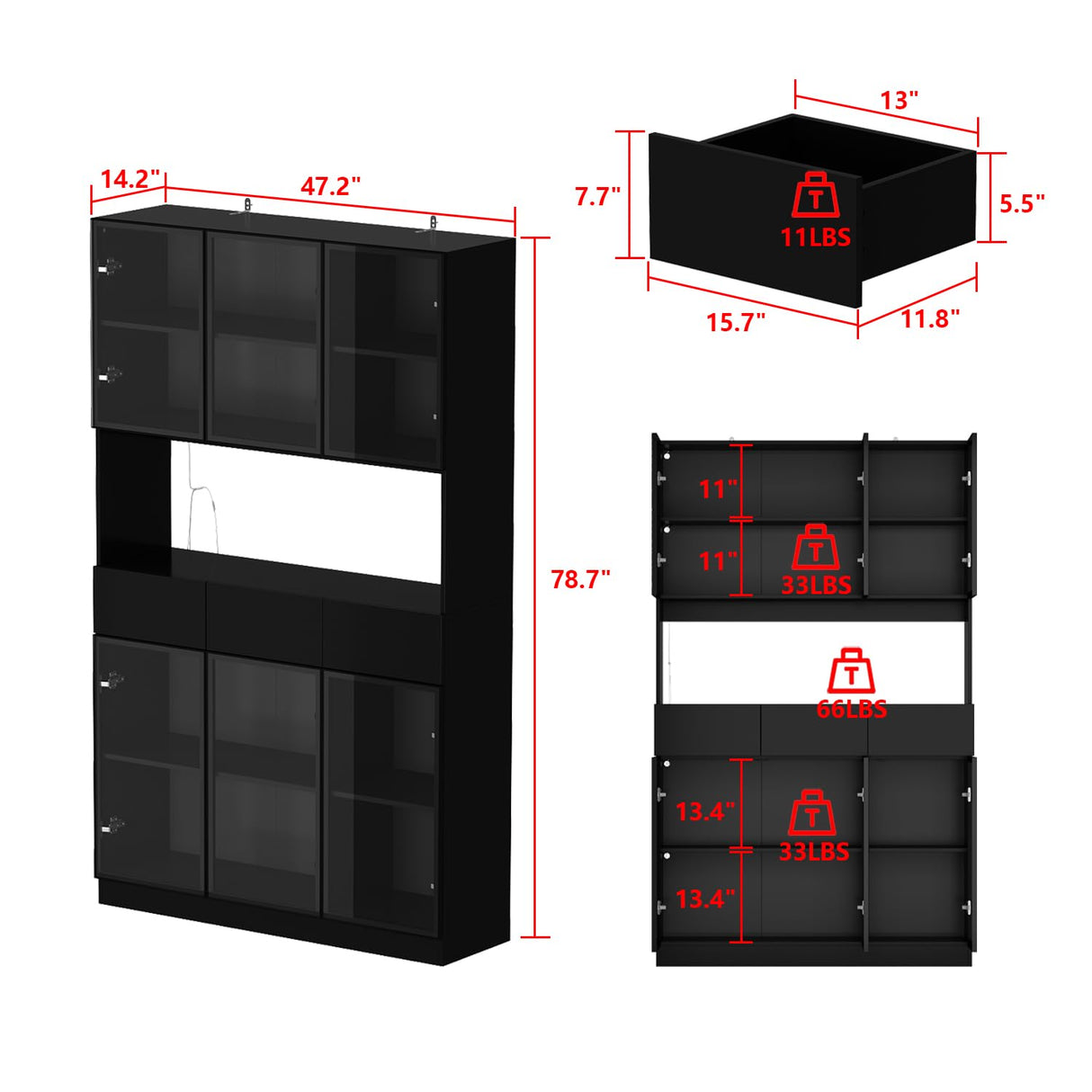 Homsee Black Bookcase with LED Lights, Storage Shelves, Drawers, and 6 Glass Doors for Home Office and Living Room Homsee