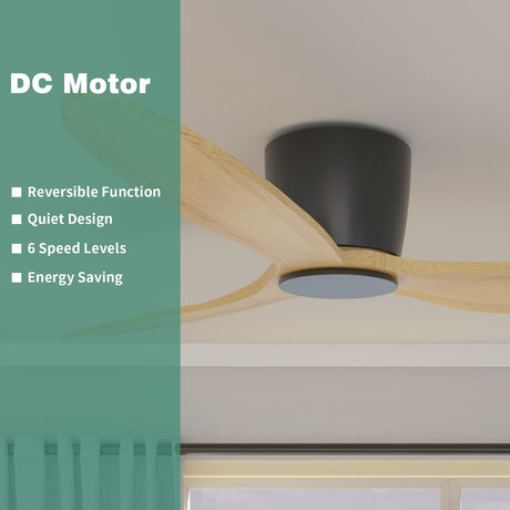Flush Mount Ceiling Fan no light with Remote, 52 inch Low Profile Wood Ceiling Fan no light, Modern Ceiling Fan without light for Outdoor, Bedroom, Natural Wood and matte Black, DC Motor, 6 Speed OUATER